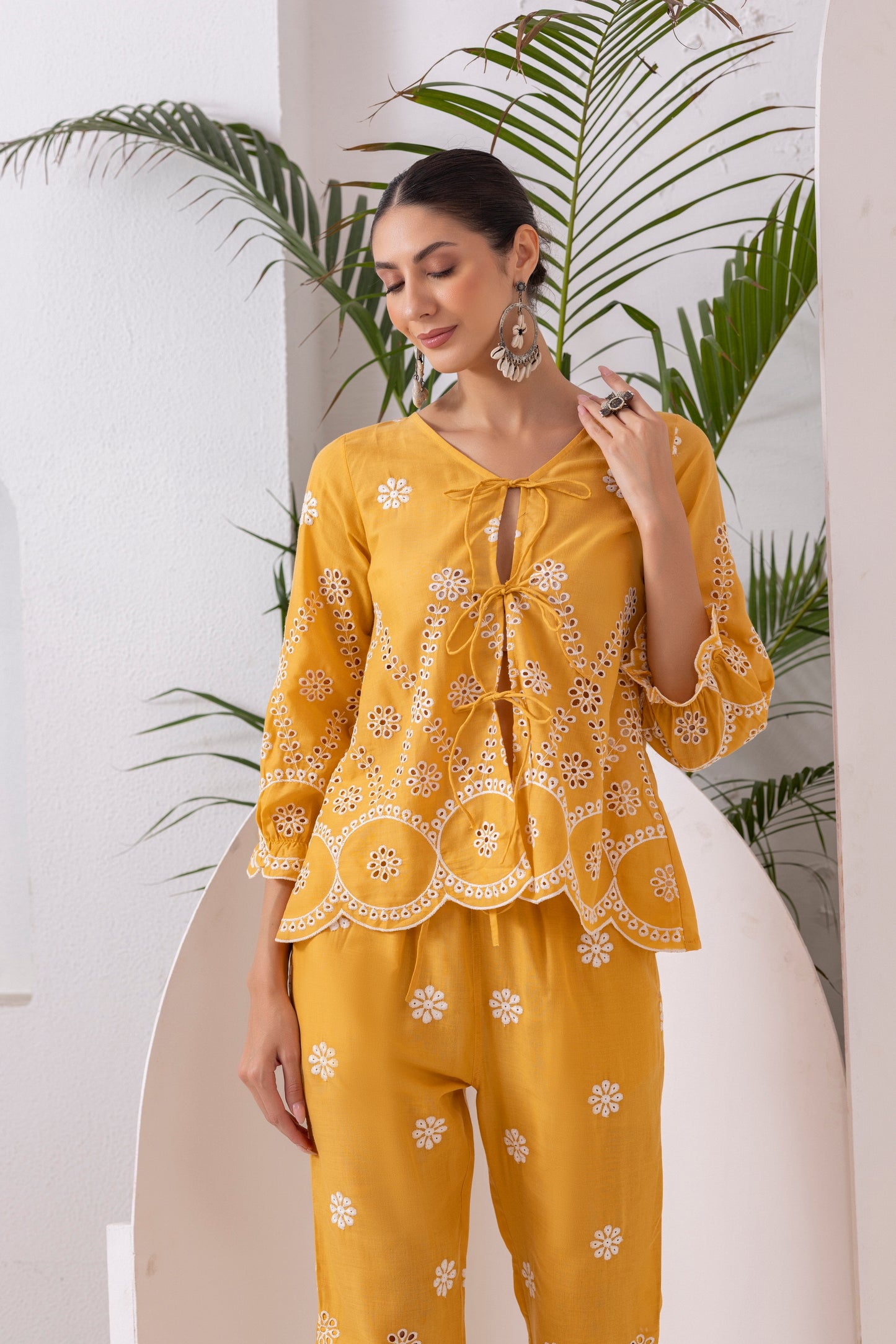 Yellow And White Embroidered Top