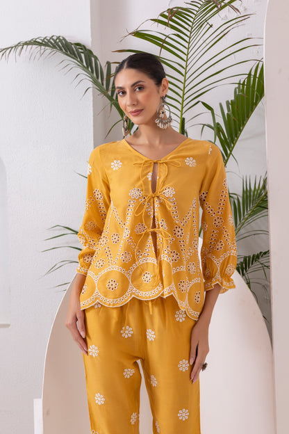 Yellow And White Embroidered Top