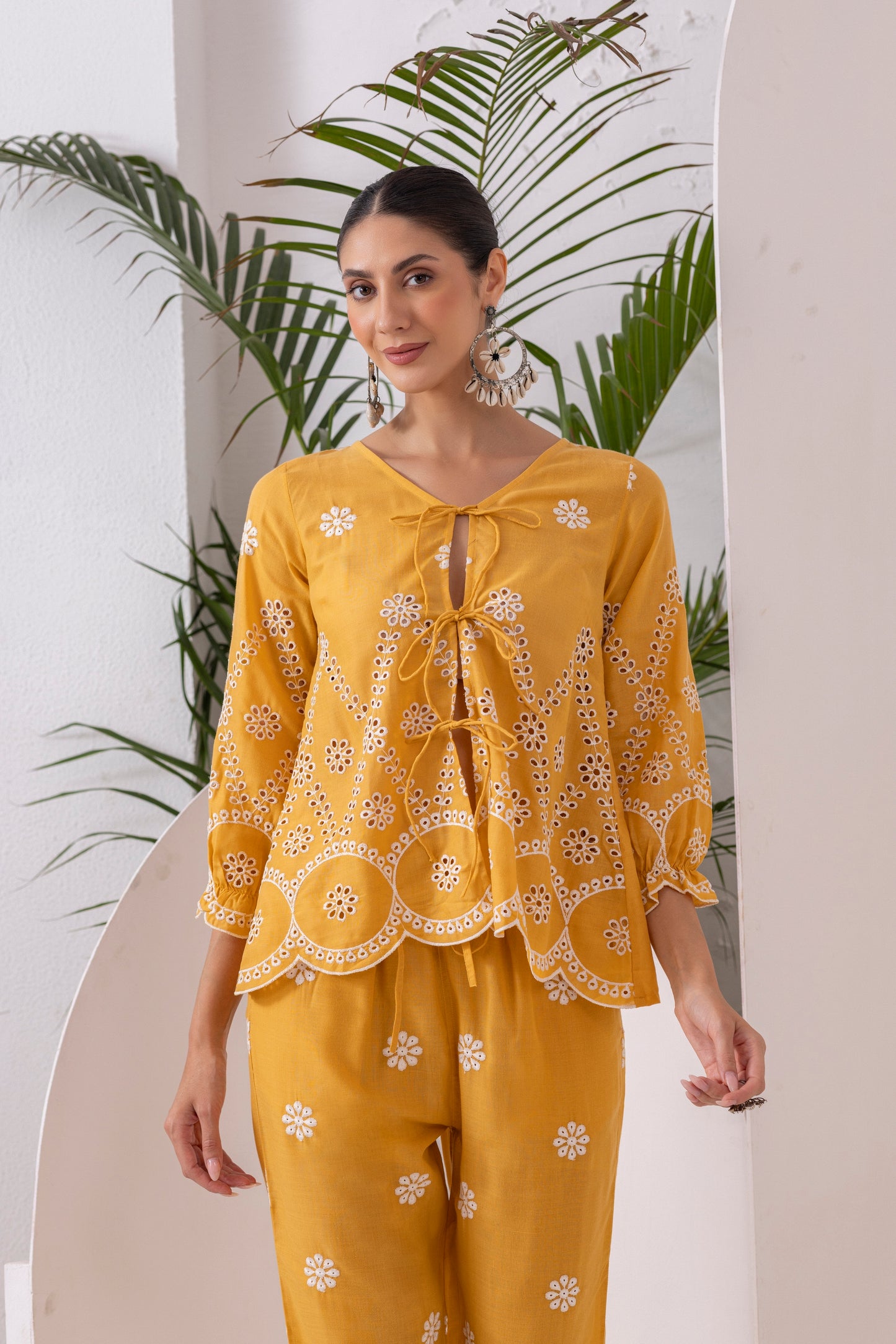 Yellow And White Embroidered Top