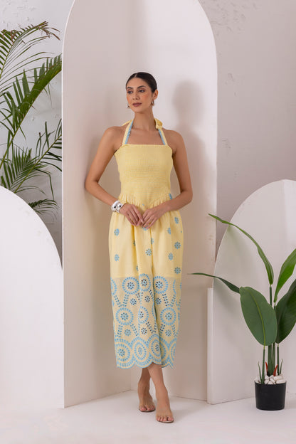 Lemon Blue Embroidered Halter Tunic Dress