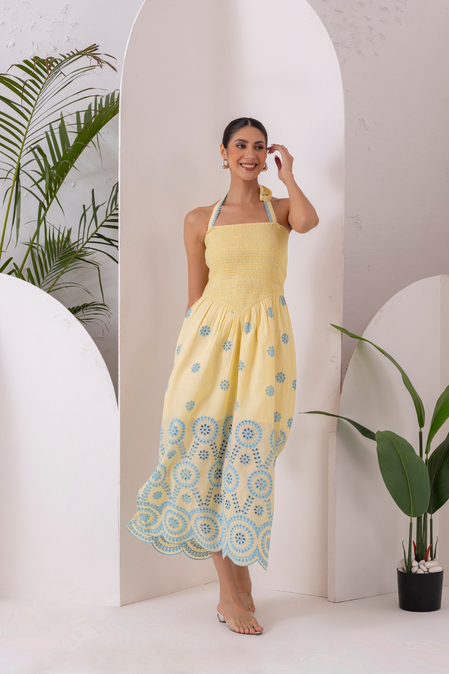 Lemon Blue Embroidered Halter Tunic Dress
