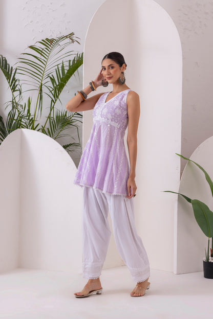 Pastel Lilac Bias Cut Floral Embroidered Salwar set