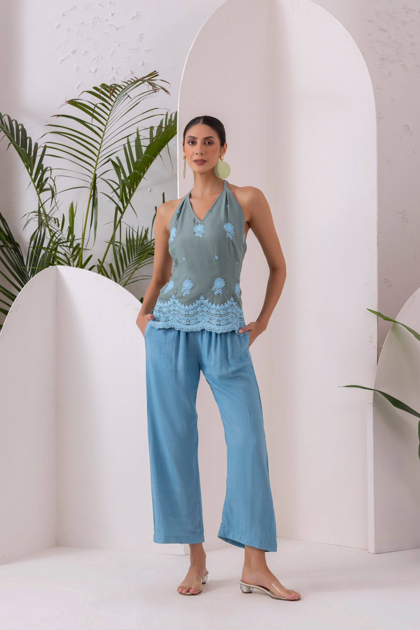 Green Blue Embroidered Top
