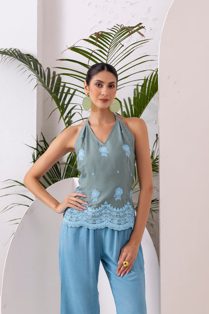 Green Blue Embroidered Top