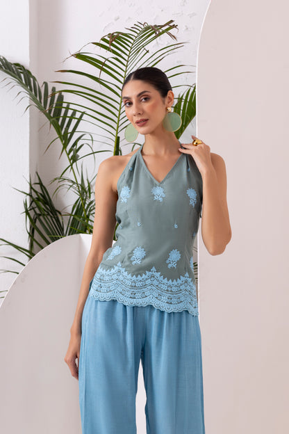 Green Blue Embroidered Top