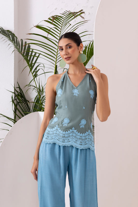 Green Blue Embroidered Top
