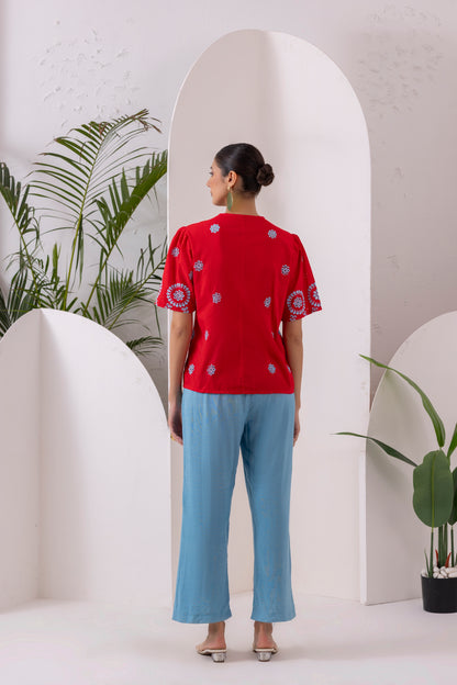 RED AND BLUE FLORAL EMBROIDERED CO-ORD SET