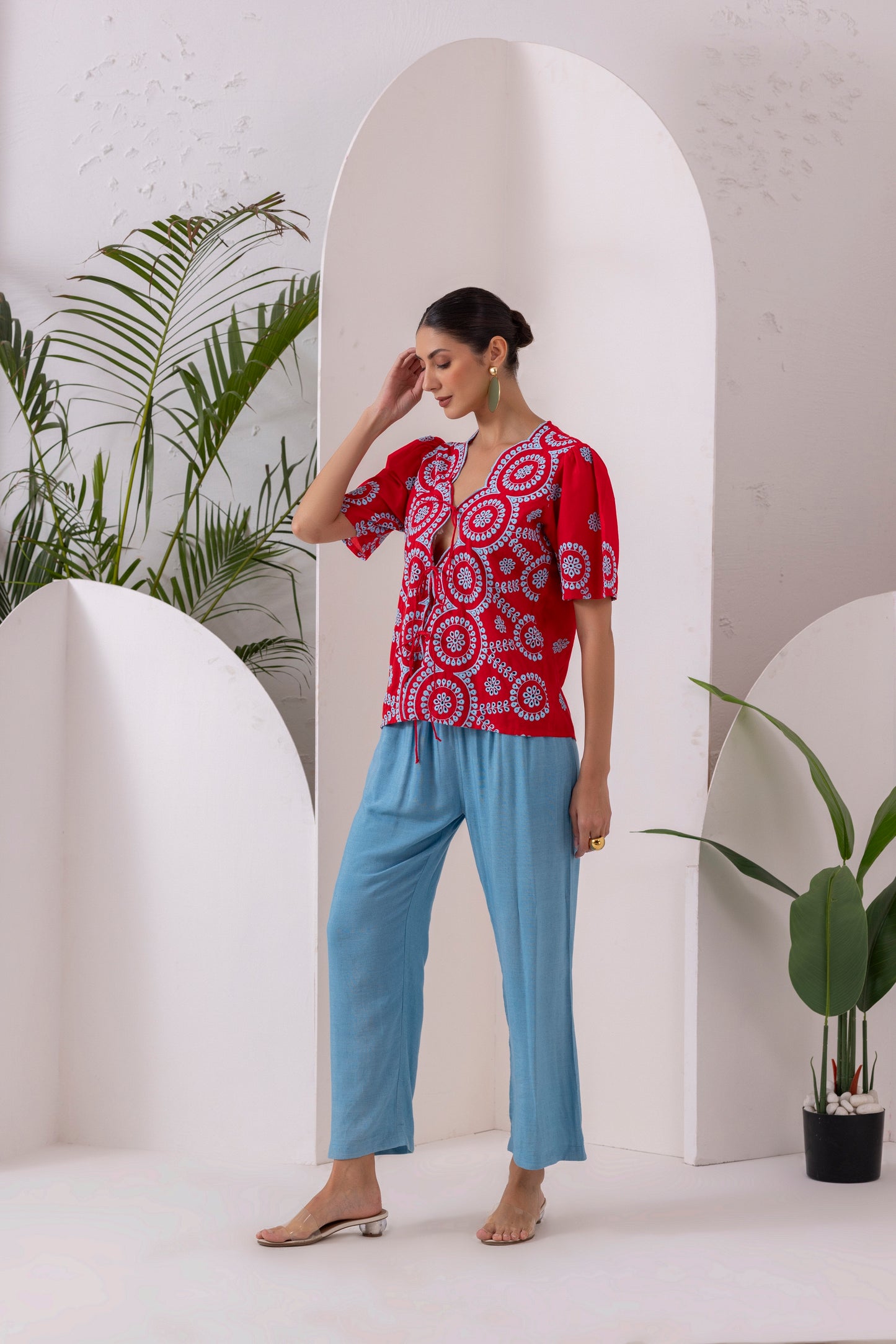 RED AND BLUE FLORAL EMBROIDERED CO-ORD SET