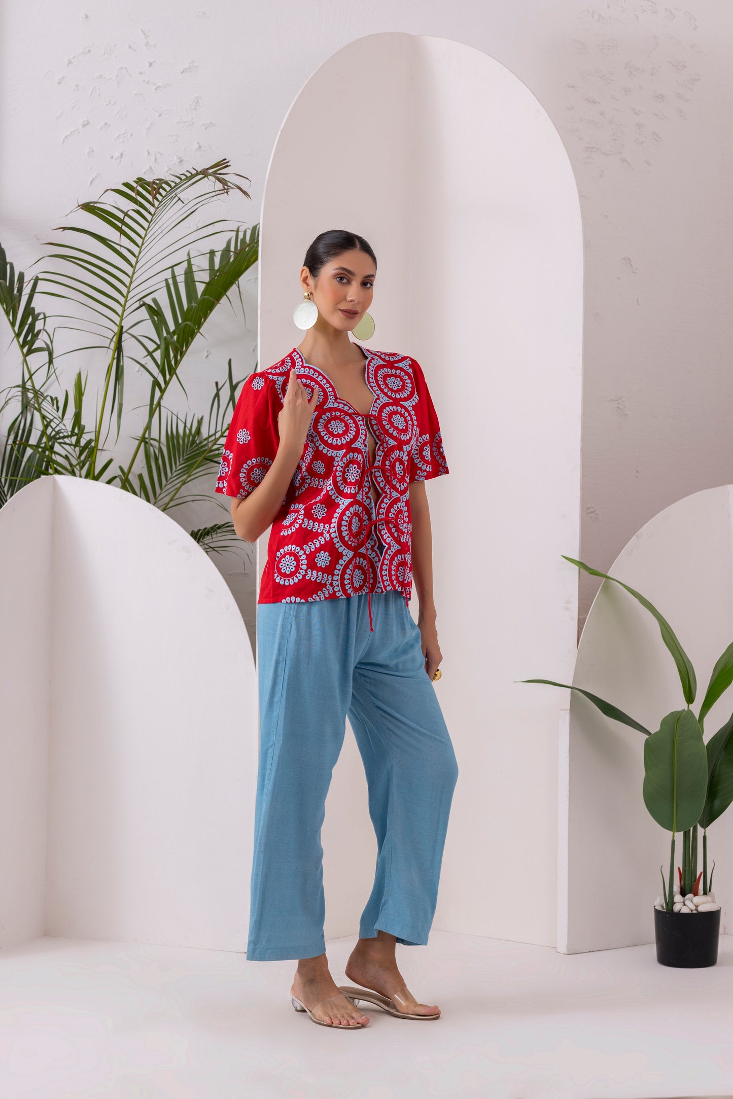 RED AND BLUE FLORAL EMBROIDERED CO-ORD SET