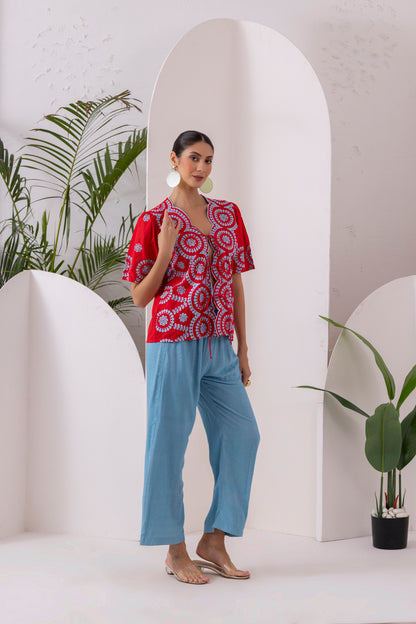 RED AND BLUE FLORAL EMBROIDERED CO-ORD SET