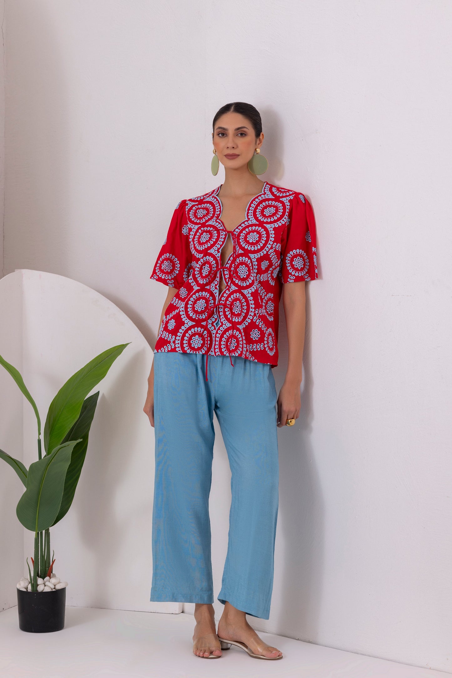 RED AND BLUE FLORAL EMBROIDERED CO-ORD SET