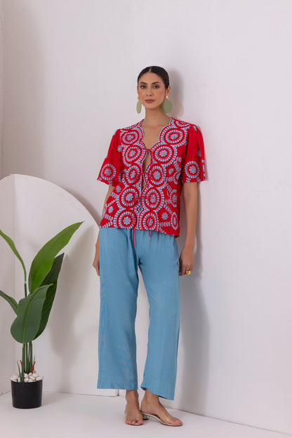 RED AND BLUE FLORAL EMBROIDERED CO-ORD SET