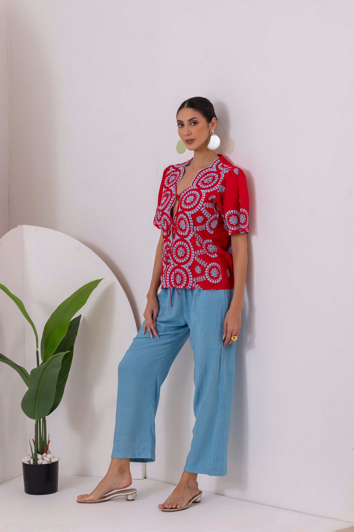 RED AND BLUE FLORAL EMBROIDERED CO-ORD SET