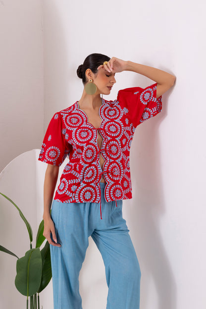 Red And Blue Embroidered Top