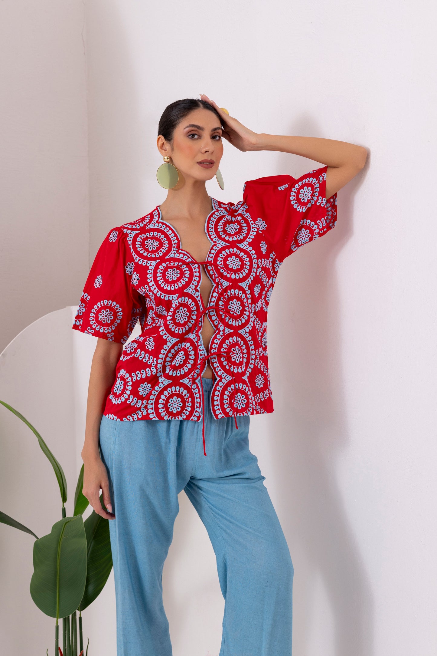 Red And Blue Embroidered Top
