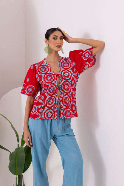 Red And Blue Embroidered Top