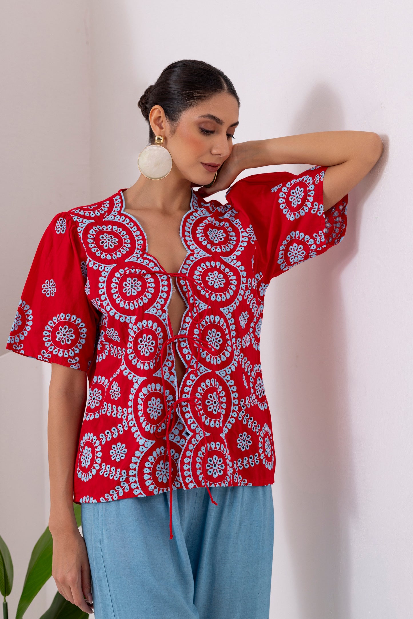 RED AND BLUE FLORAL EMBROIDERED CO-ORD SET