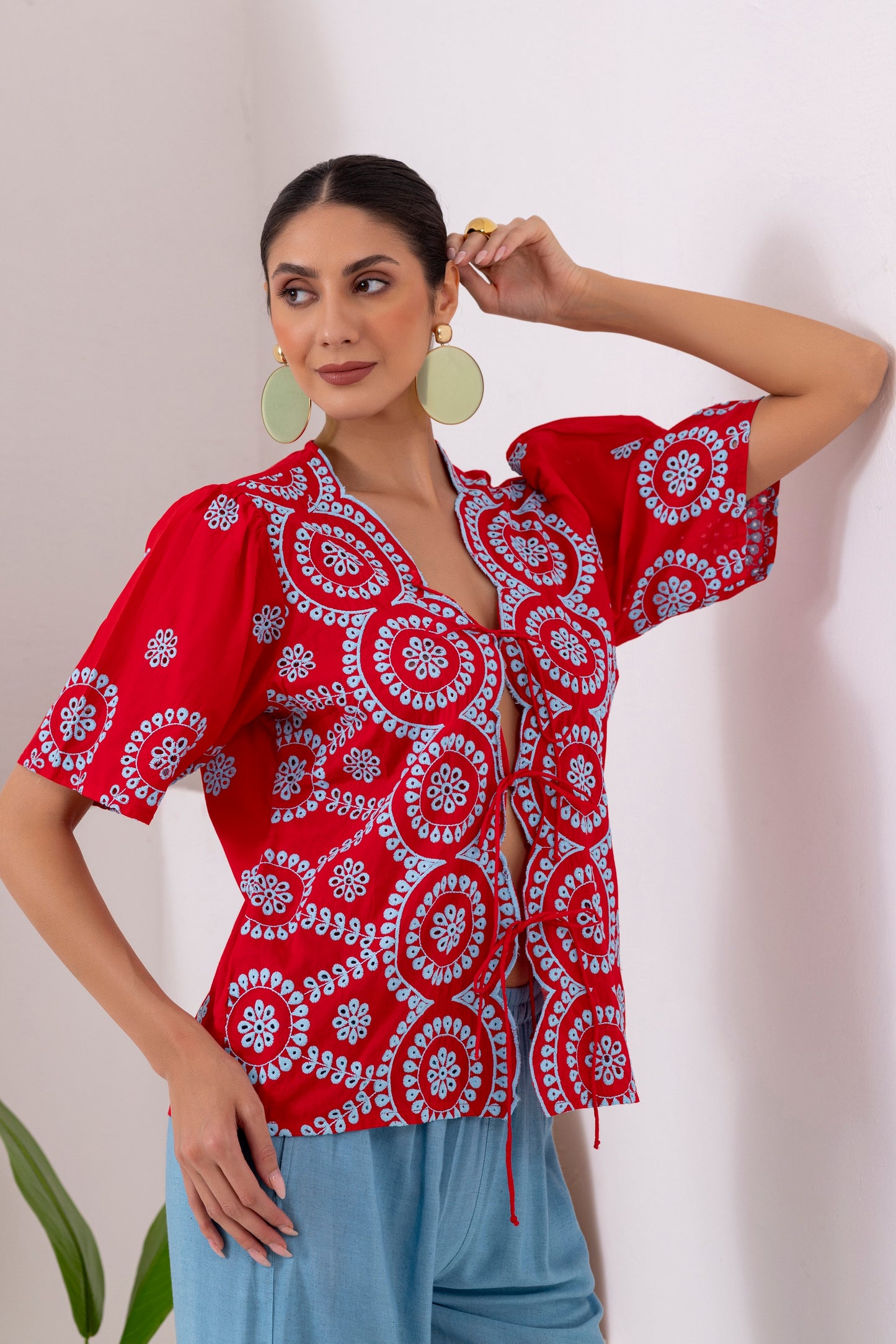 Red And Blue Embroidered Top