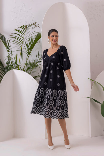 Black Floral Embroidery Midi Dress
