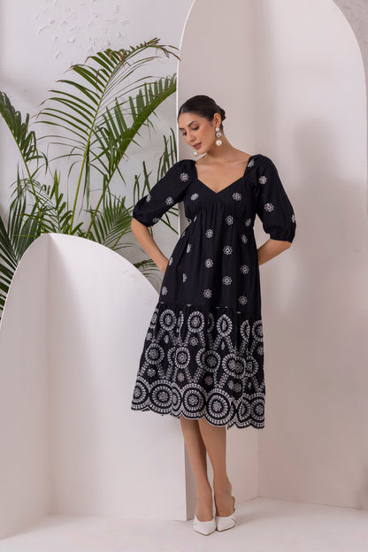 Black Floral Embroidery Midi Dress
