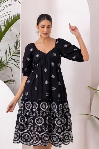 Black Floral Embroidery Midi Dress