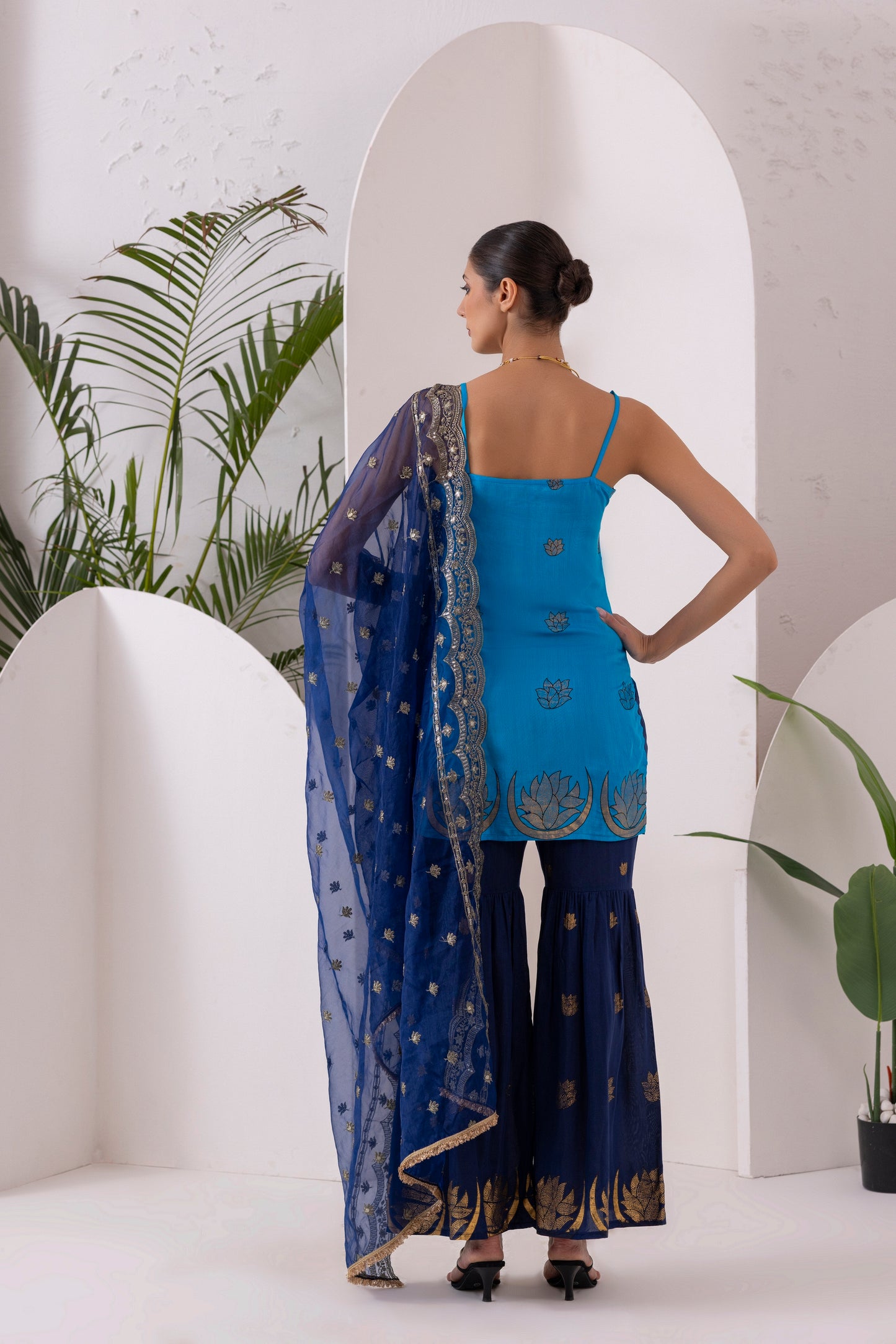 NAVY BLUE GOLD PRINTED HALTER SUIT SET