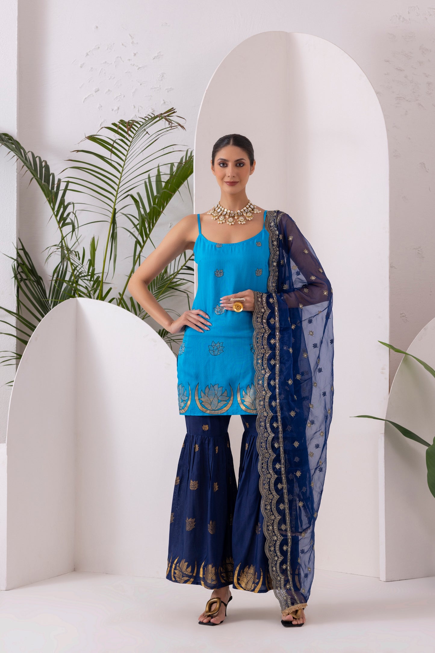 NAVY BLUE GOLD PRINTED HALTER SUIT SET
