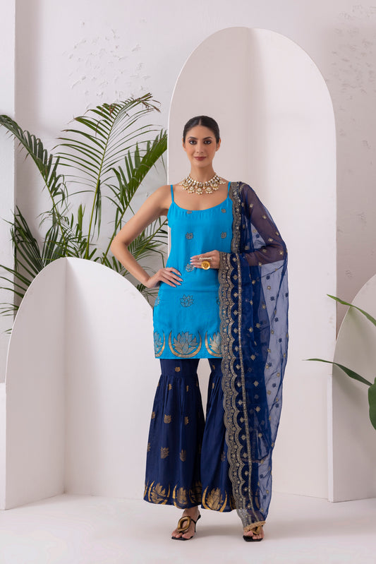 NAVY BLUE GOLD PRINTED HALTER SUIT SET