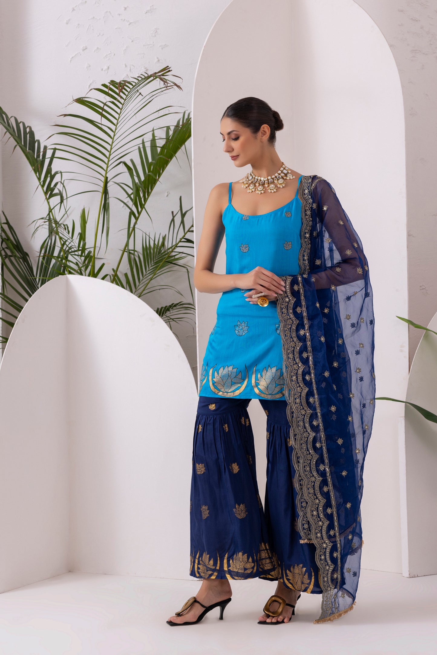 NAVY BLUE GOLD PRINTED HALTER SUIT SET