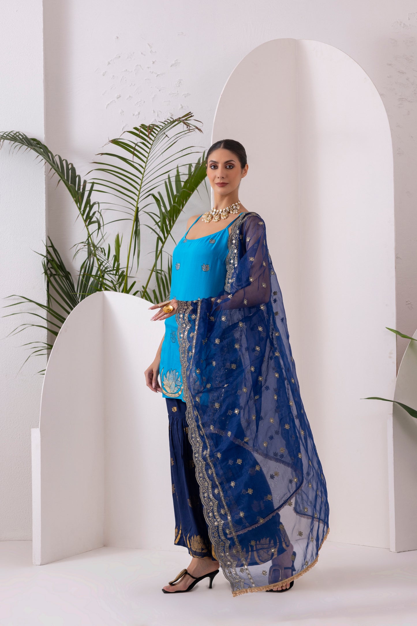 NAVY BLUE GOLD PRINTED HALTER SUIT SET