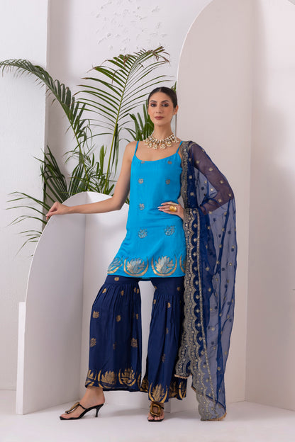 NAVY BLUE GOLD PRINTED HALTER SUIT SET
