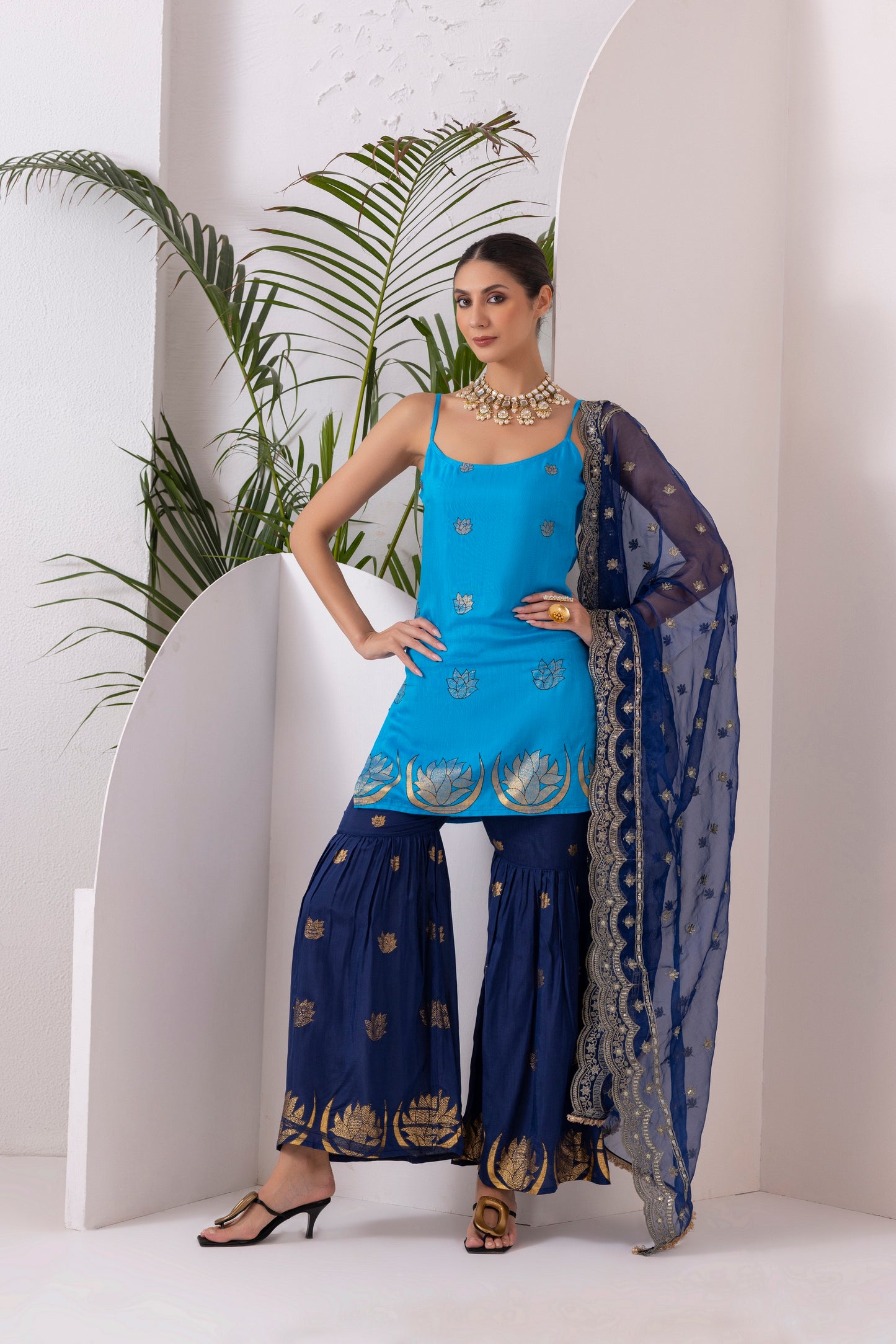 NAVY BLUE GOLD PRINTED HALTER SUIT SET