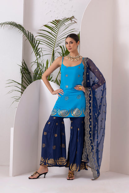 NAVY BLUE GOLD PRINTED HALTER SUIT SET