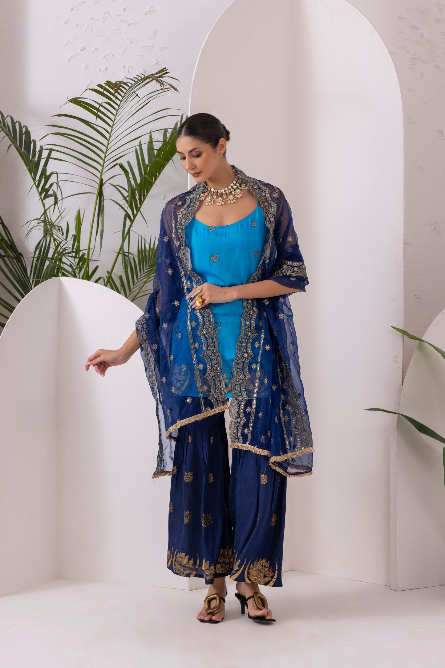 NAVY BLUE GOLD PRINTED HALTER SUIT SET