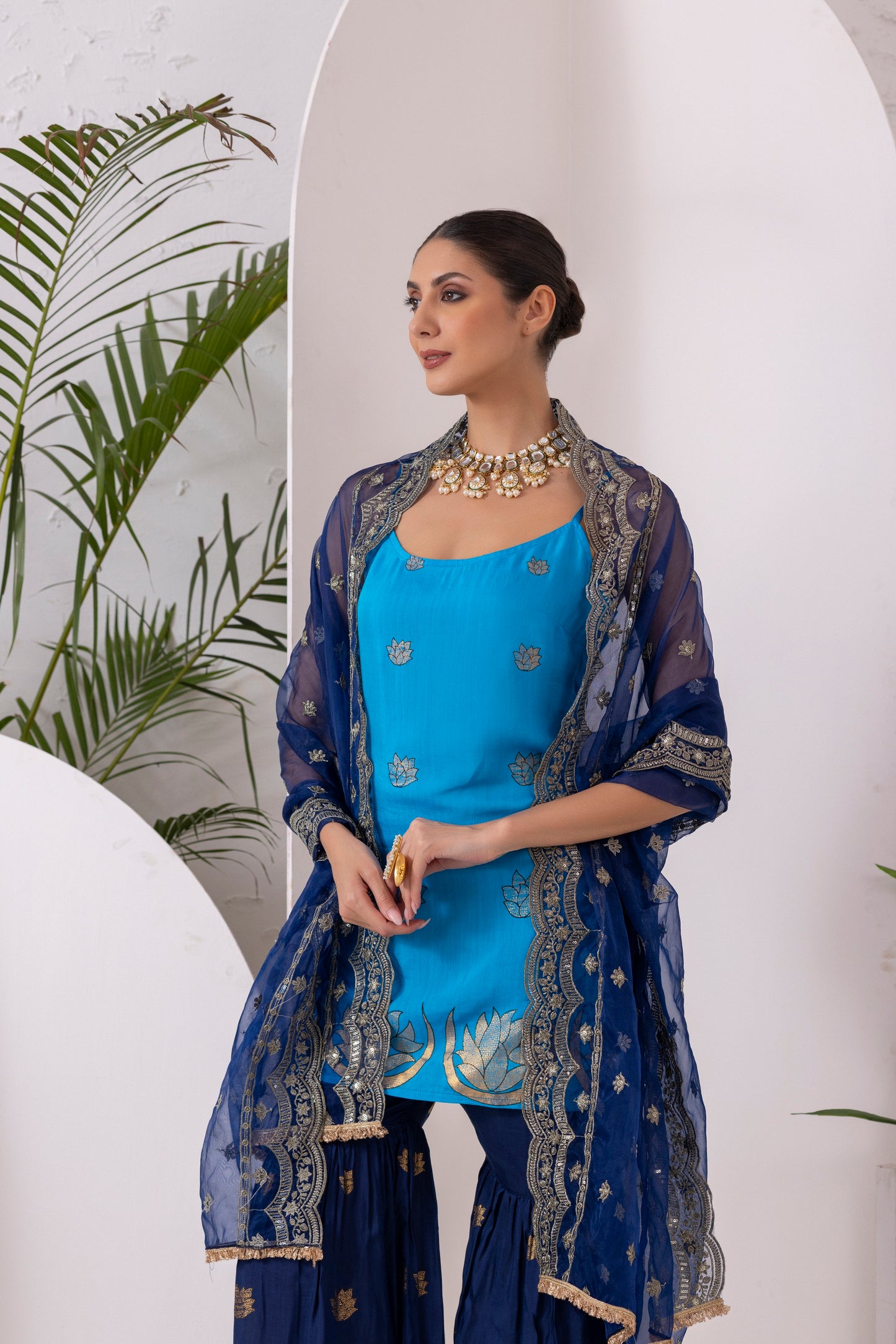 NAVY BLUE GOLD PRINTED HALTER SUIT SET