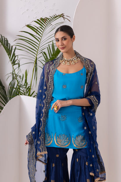 NAVY BLUE GOLD PRINTED HALTER SUIT SET