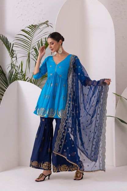 RAMA BLUE GOLD PRINTED SUIT SET