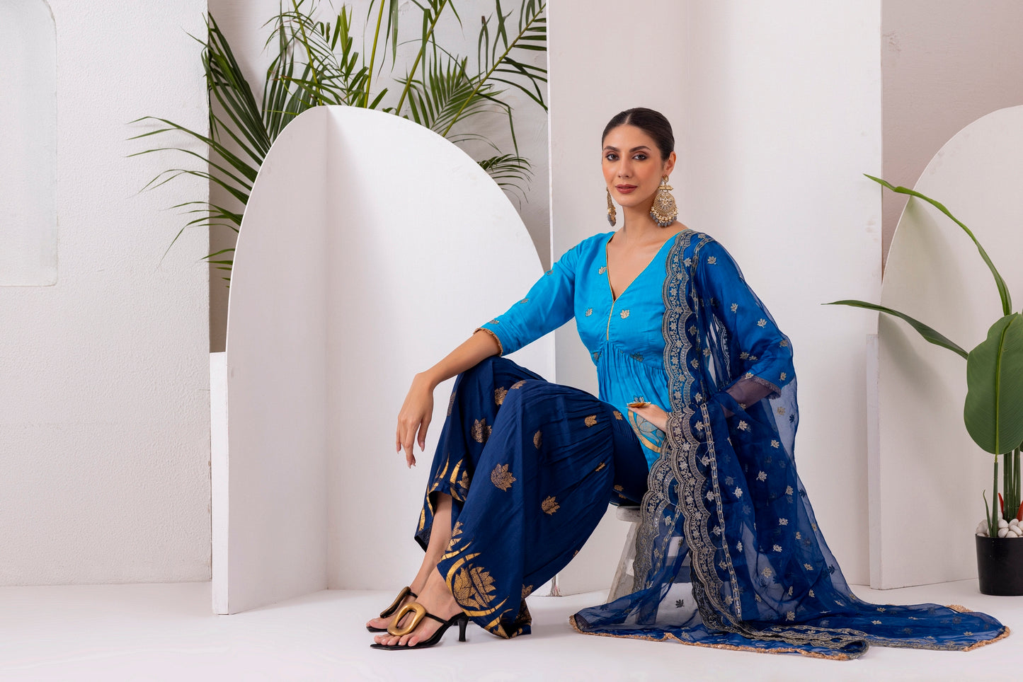 RAMA BLUE GOLD PRINTED SUIT SET