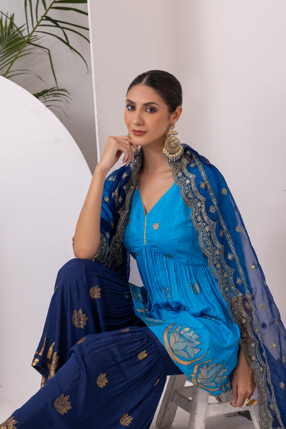 RAMA BLUE GOLD PRINTED SUIT SET