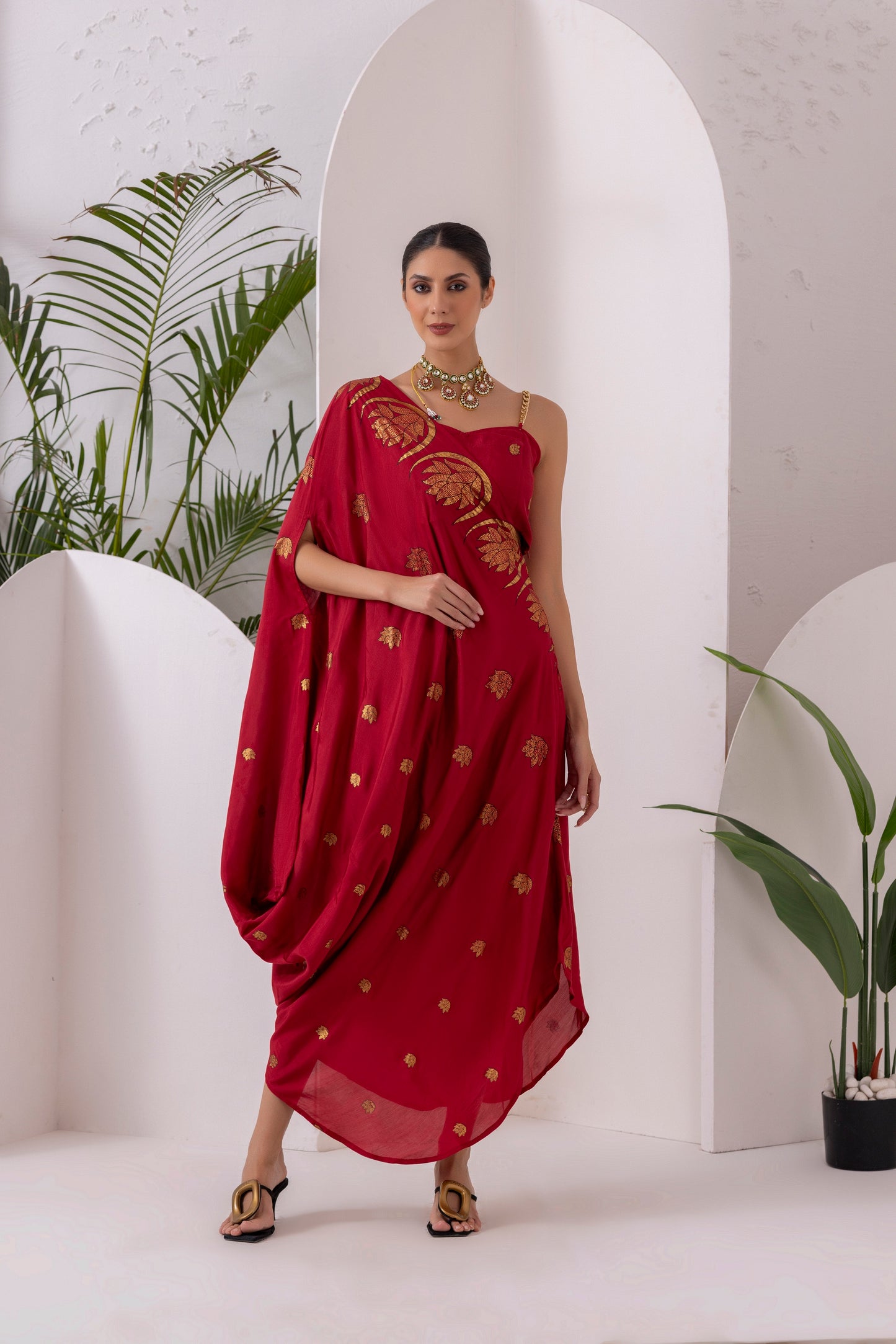 DEEP RED GOLD FUSION SAREE DRESS
