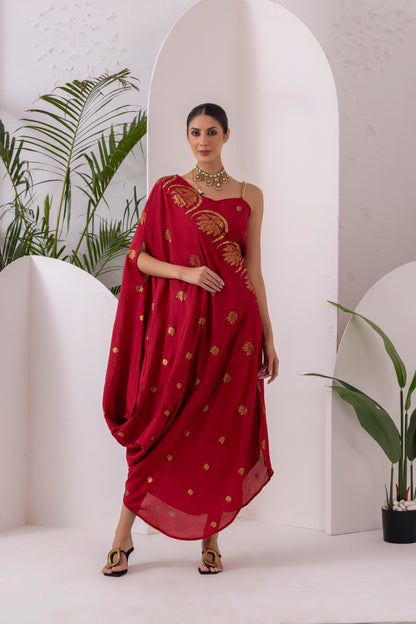 DEEP RED GOLD FUSION SAREE DRESS
