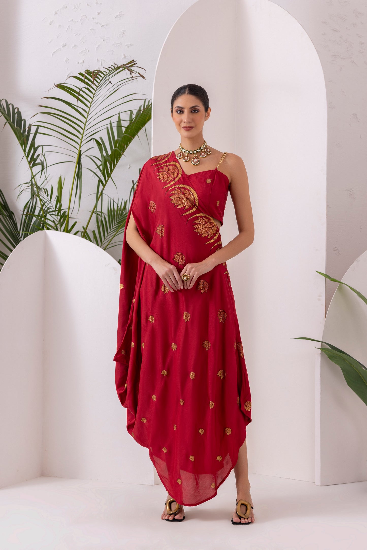 DEEP RED GOLD FUSION SAREE DRESS