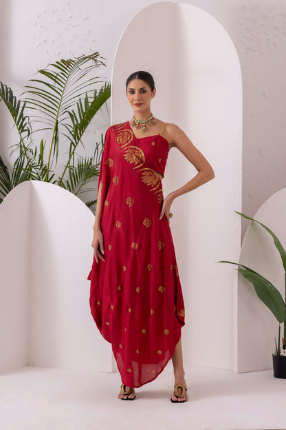 DEEP RED GOLD FUSION SAREE DRESS