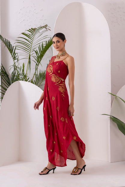 DEEP RED GOLD FUSION SAREE DRESS