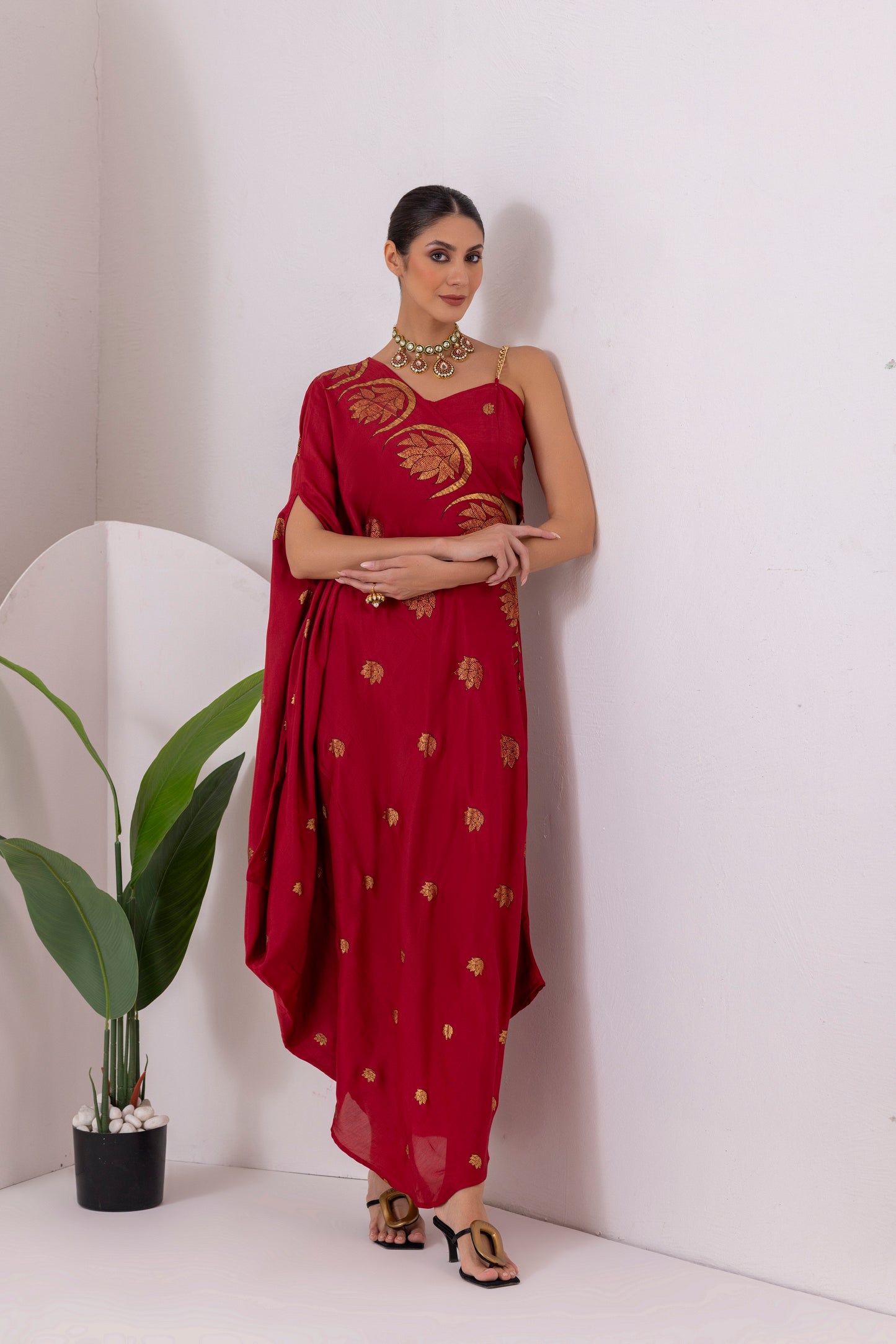 DEEP RED GOLD FUSION SAREE DRESS