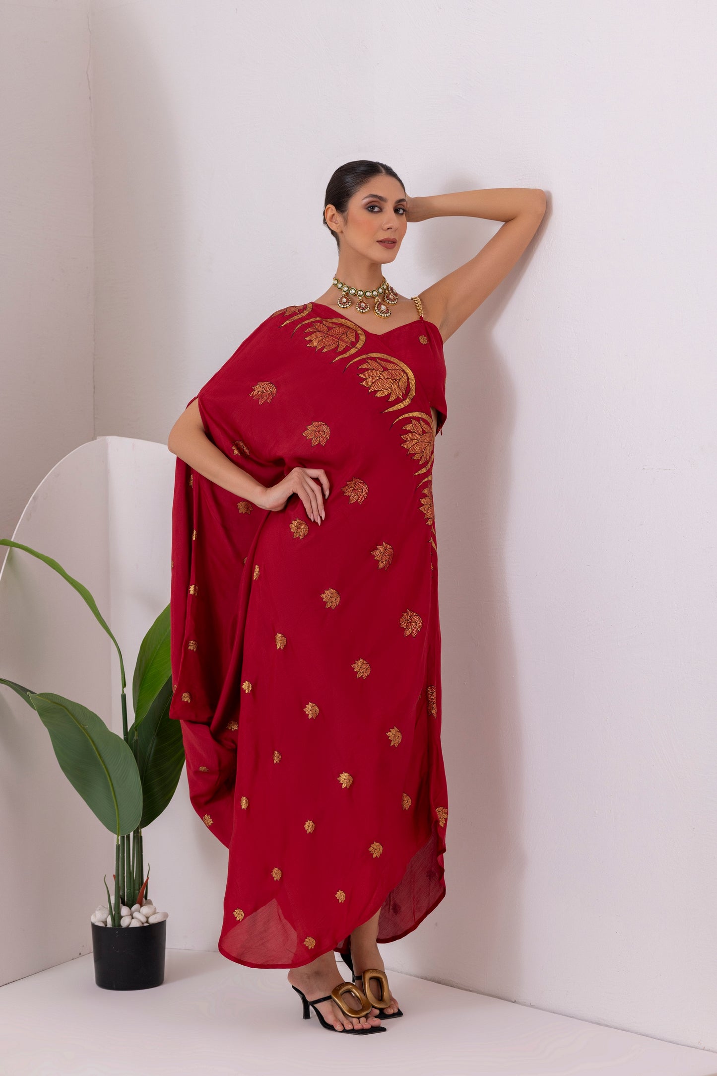 DEEP RED GOLD FUSION SAREE DRESS