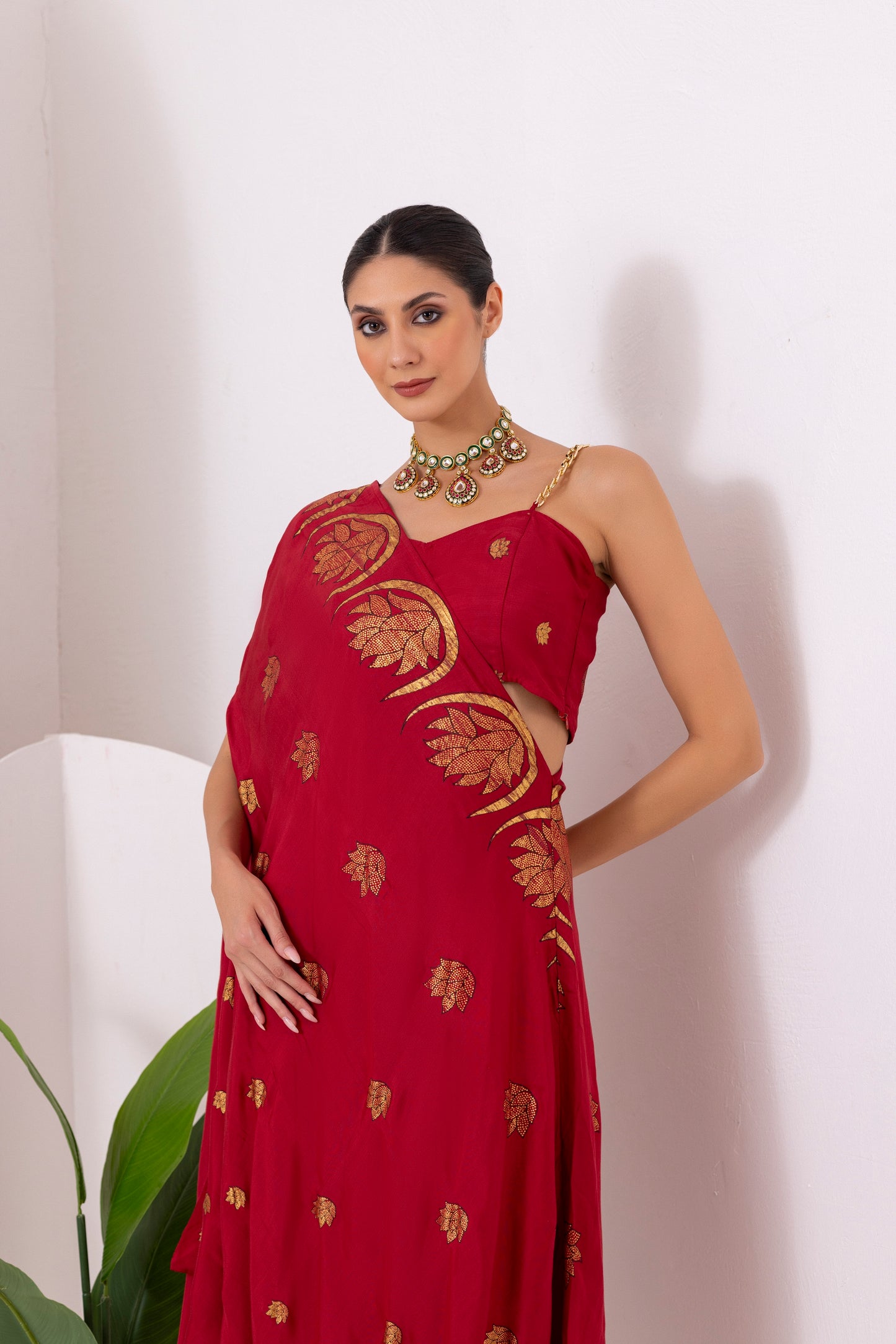 DEEP RED GOLD FUSION SAREE DRESS