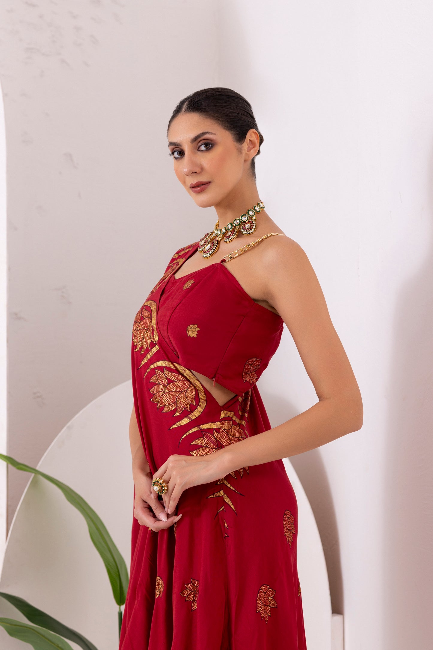 DEEP RED GOLD FUSION SAREE DRESS