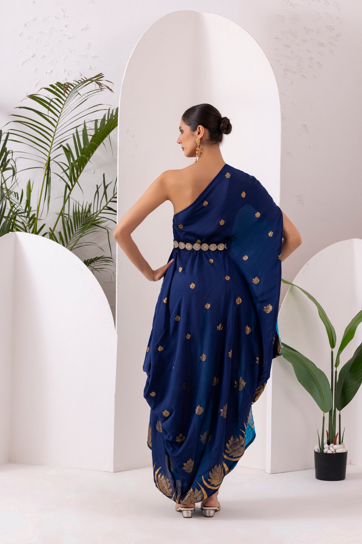 NAVY BLUE GOLD FUSION SAREE DRESS