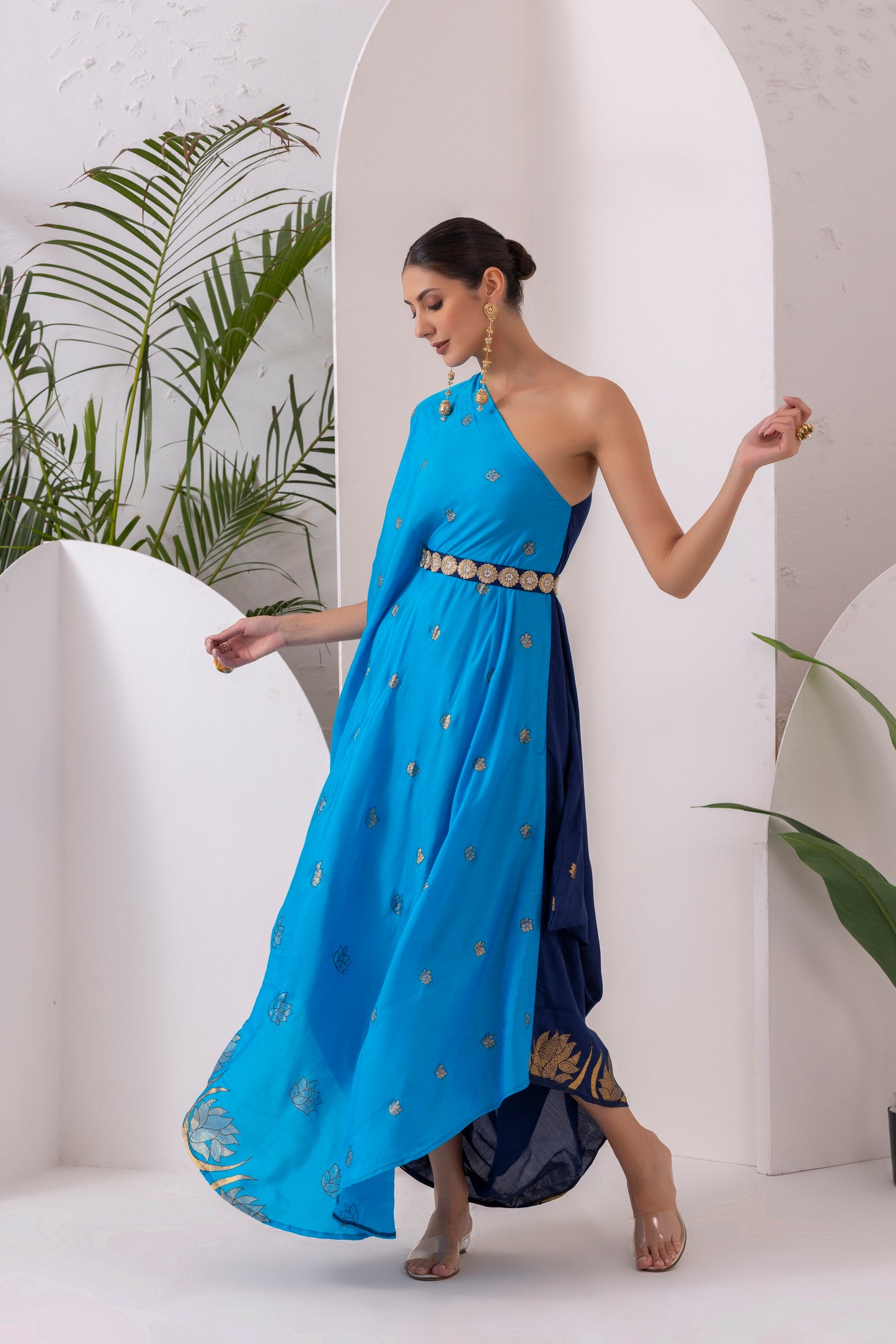NAVY BLUE GOLD FUSION SAREE DRESS